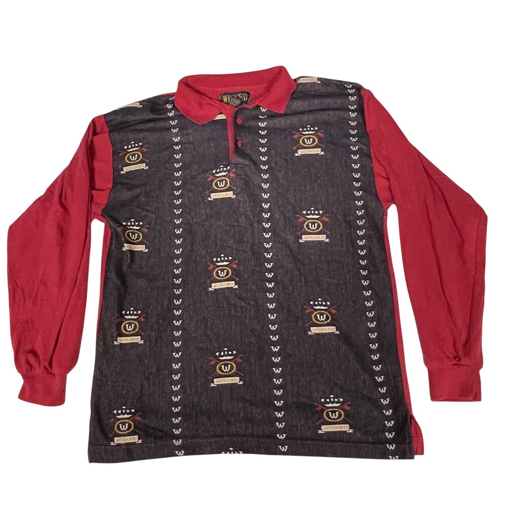 Vintage Wicked Polo Shirt Mens Medium Red Black Long Sleeve Crest Jacquard 90s